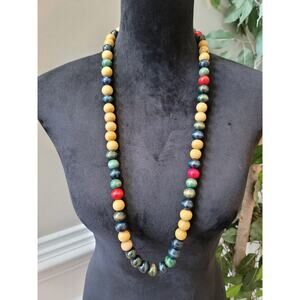 Women's Handcrafted Colorful Wooden Bead Long Necklace With Knotted Finish